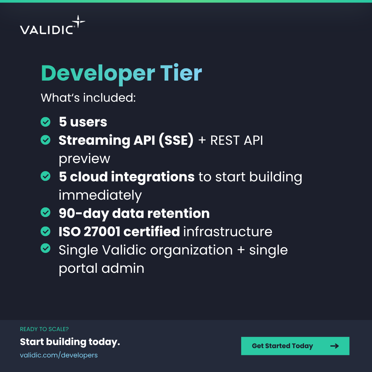 Validic Developer Tier pricing page showing features and call-to-action button